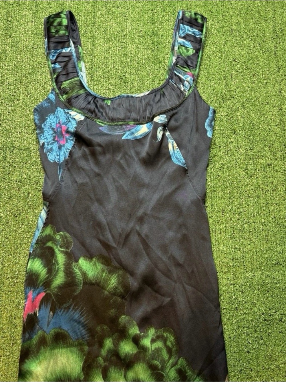 Roberto Cavalli Black Tank Top with Green and Blue Floral Print